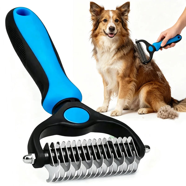 A black and blue dual-sided pet deshedding rake brush is shown next to a dog grooming a cat.