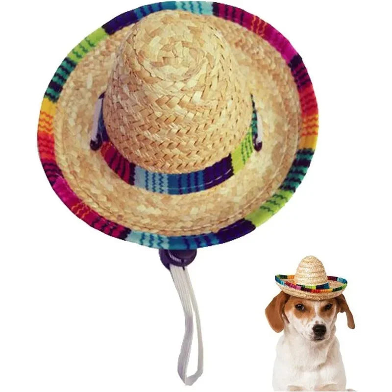 Sombrero divertido para mascotas de perros y gatos con textura de paja tejida colorida