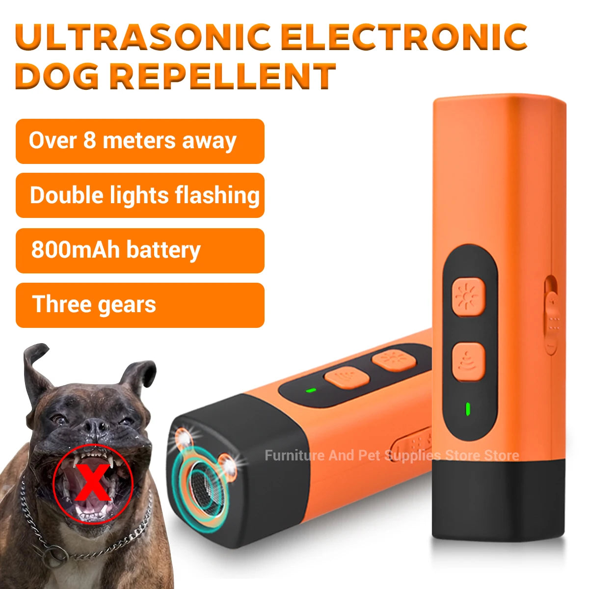 An orange ultrasonic electronic dog repellent device with a black body and a dog looking at it.