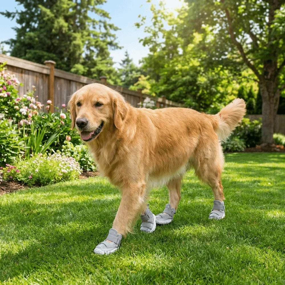 A golden retriever wearing breathable anti-slip dog walking shoes on a green lawn.