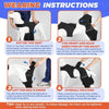 Instructions show how to put on, adjust, and fit an adjustable dog knee brace for joint support.