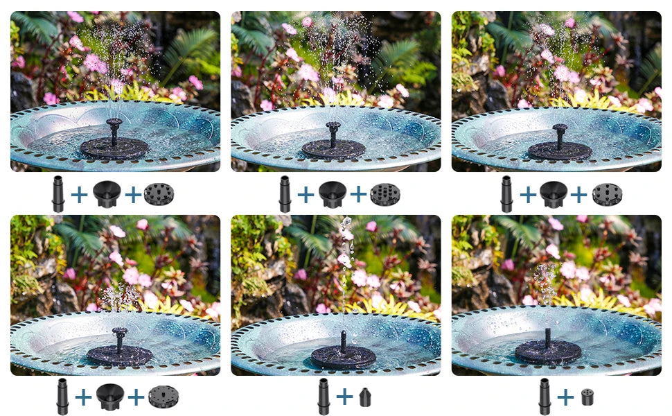 A series of images showing a solar-powered water fountain for gardens and pools, featuring various components and installatio