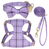 Purple plaid dog collar harness and leash set with a bowtie