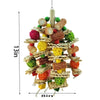 A wooden parrot swing toy for budgies made of natural fibers and various colored balls.