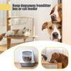 A dog looks intently at a cat peering out of an adjustable latch device designed to keep dogs away from the litter box or cat