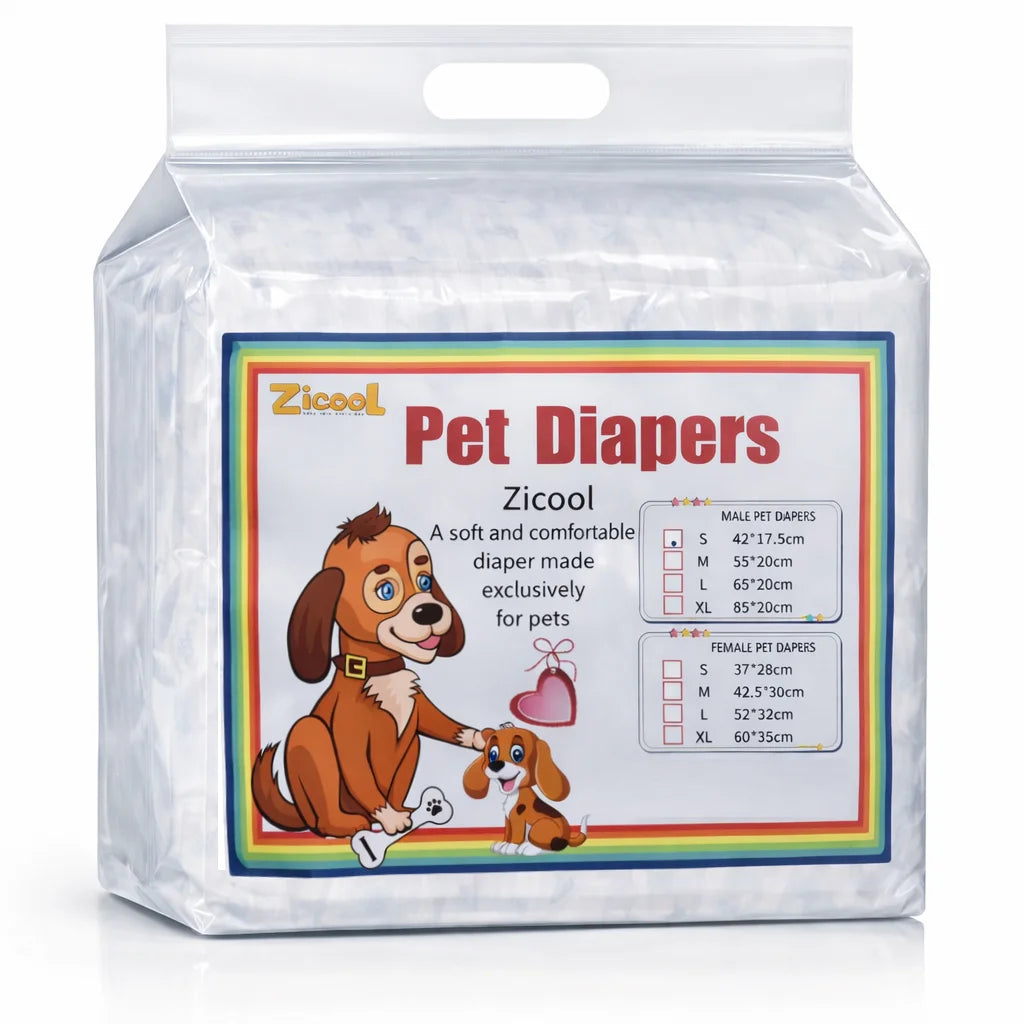 A package of Zicool pet diapers for dogs and cats, showing various sizes.