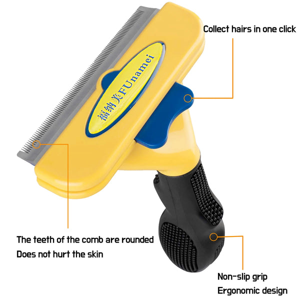 Yellow pet deshedding brush with rounded teeth and non-slip grip for collecting hair in one click