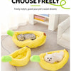 Yellow banana-shaped plush pet beds for cats and dogs shown on a light gray floor.