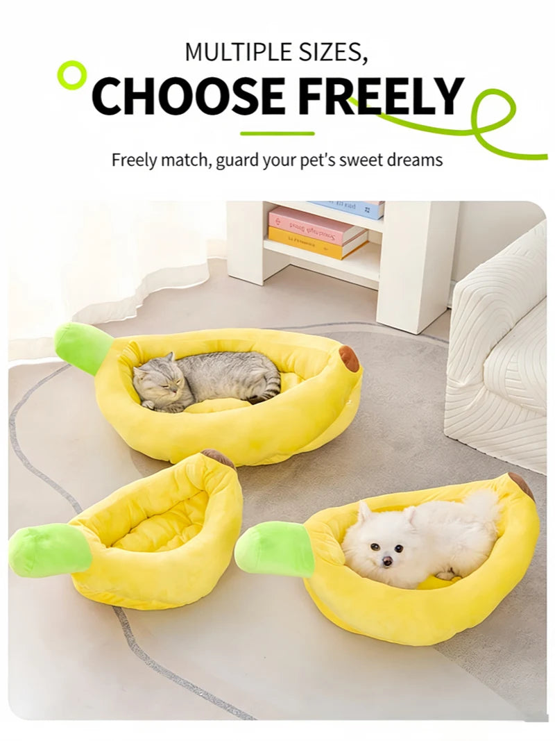 Yellow banana-shaped plush pet beds for cats and dogs shown on a light gray floor.