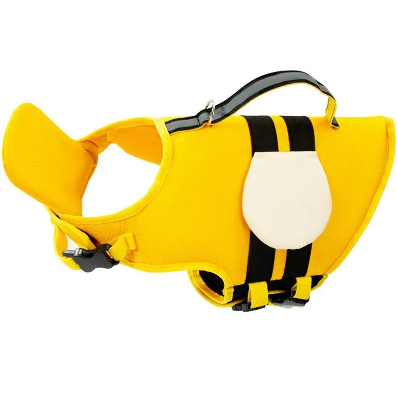 Chaleco salvavidas amarillo para mascota con rayas negras y un panel de flotación blanco