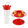 Comedero para colibríes de plástico transparente con tapa en forma de flor roja y disco rojo separado.