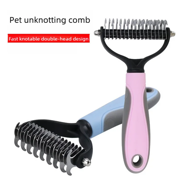 A pink and blue pet unknotting comb with a double-head design for grooming.