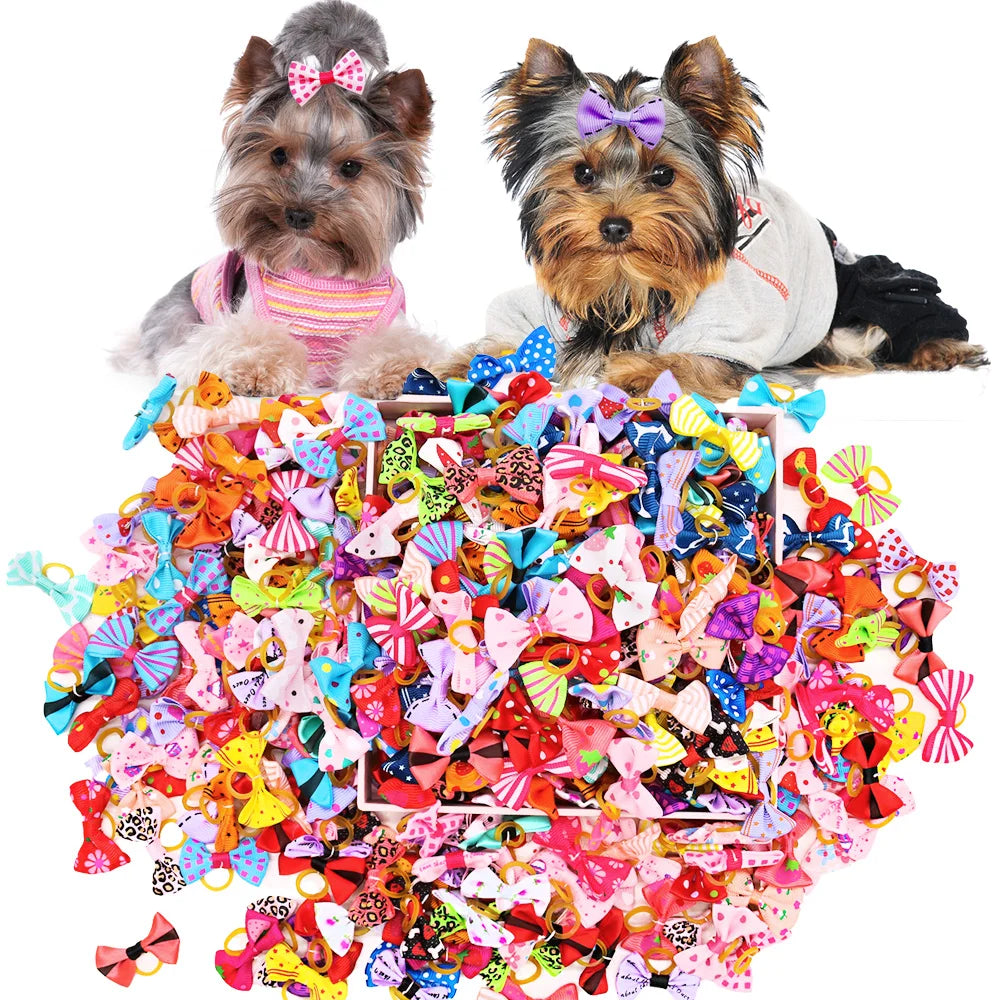 A dog and a cat sitting next to a large pile of colorful handmade bows for pets
