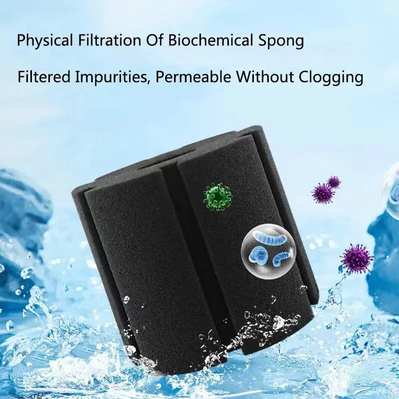 Black biochemical sponge filter blocks are shown in water, demonstrating physical filtration of impurities.