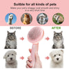 A pink pet hair removal brush is shown being used on a cat and a dog to make their coats smooth and shiny.