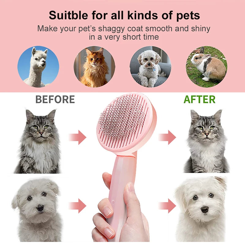 A pink pet hair removal brush is shown being used on a cat and a dog to make their coats smooth and shiny.