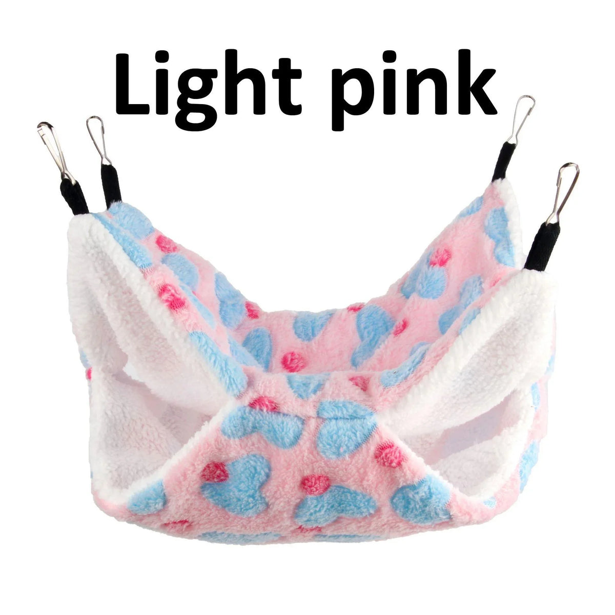 Light pink cozy double-layer fleece hammock for small pets with blue accents