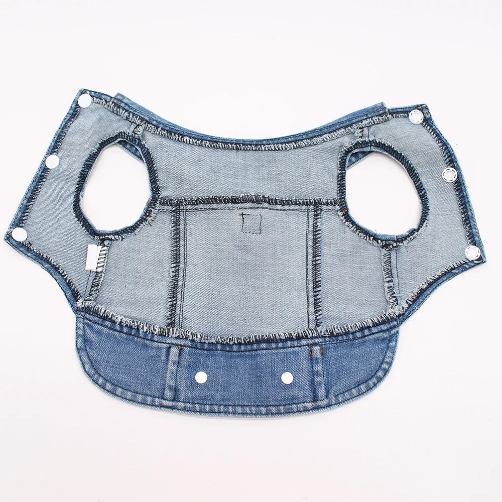 A light blue denim dog jacket with D-ring leash attachment.