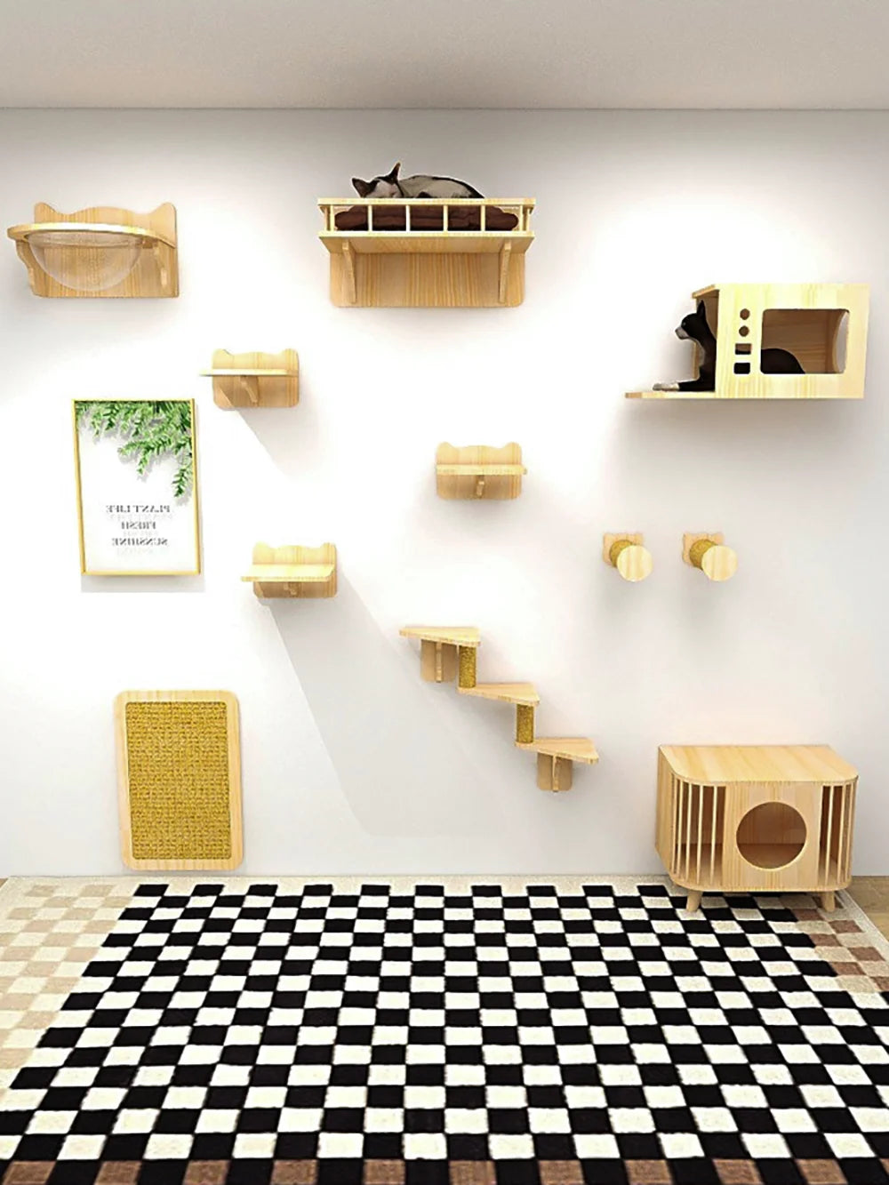 Wall-mounted wooden cat climbing shelves with a hammock and scratching post mounted on a white wall.