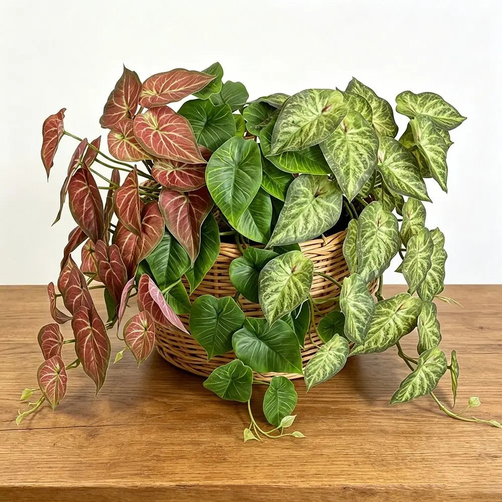 Plante d'ivy artificielle verte en pot avec des feuilles panachées dans un panier tissé.