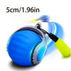 A bright blue electric cat ball toy with a yellow attachment is shown against a white background.