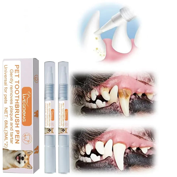 A set of pet toothbrush pens for dogs and cats shown alongside an illustration of the product being used on a pet's mouth.