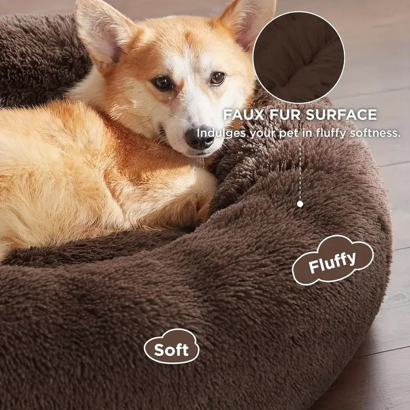 A fluffy pet bed with a faux fur surface, featuring a golden-colored dog resting inside.