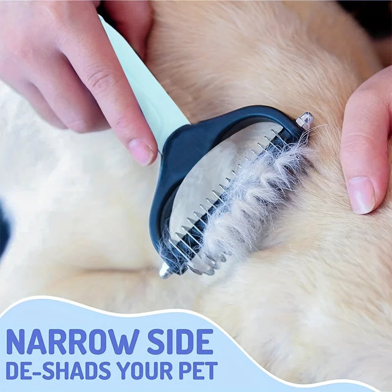 A hand is using a narrow side de-shading pet grooming comb on a dog's fur.