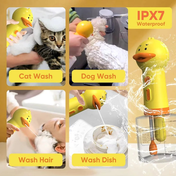 A collection of yellow duck-shaped electric foam dispensers used for washing cats, dogs, hair, and dishes.