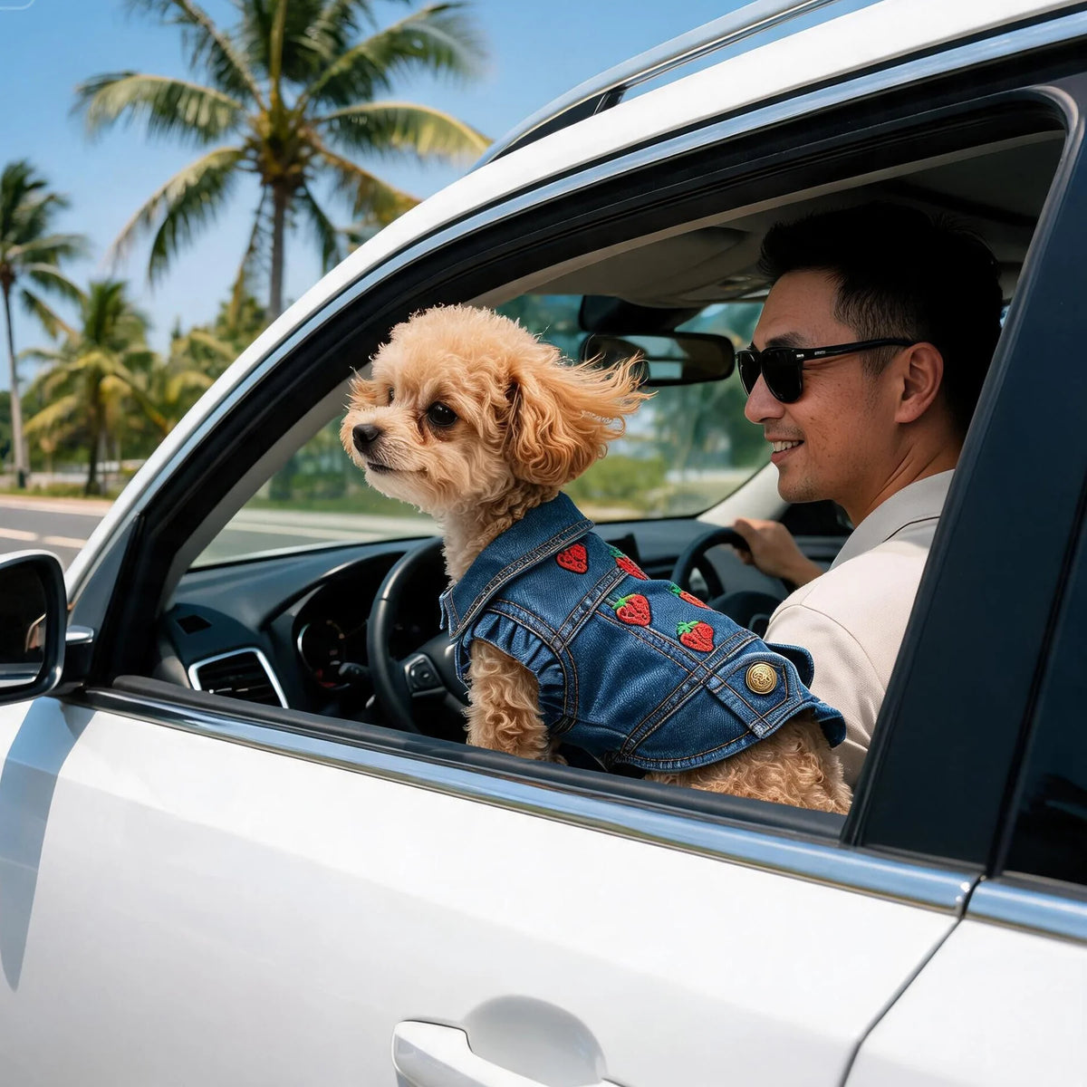 A man smiling while driving a white car with a small dog wearing a denim pet jacket.