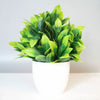 A vibrant green artificial bonsai plant in a white pot, used for indoor and outdoor decor.