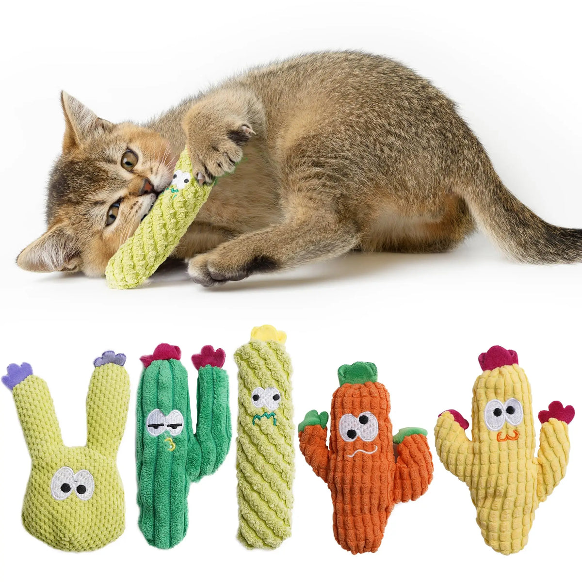 A tabby cat is lying next to a set of organic catnip cactus toys.