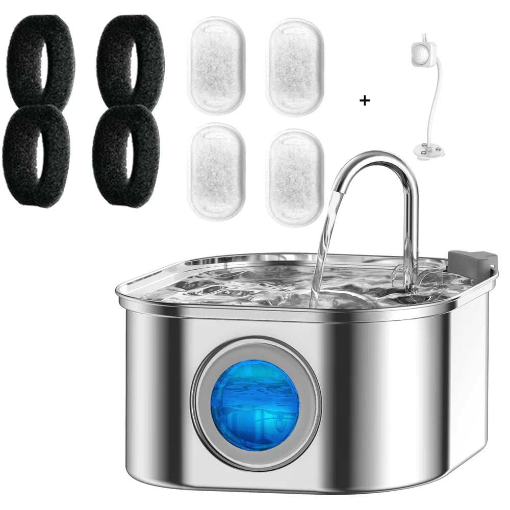 Stainless steel pet water fountain with a visual window and filtration components