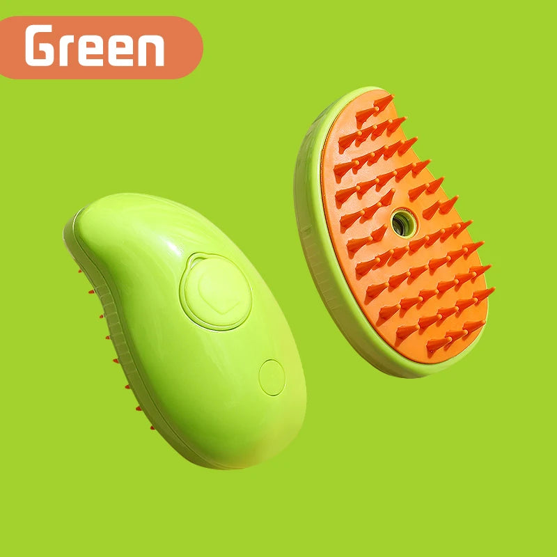 A bright green electric pet grooming brush with an orange bristled comb is shown against a green background.