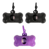 Black bone-shaped poop bag dispenser with a clip and a purple silicone bag.