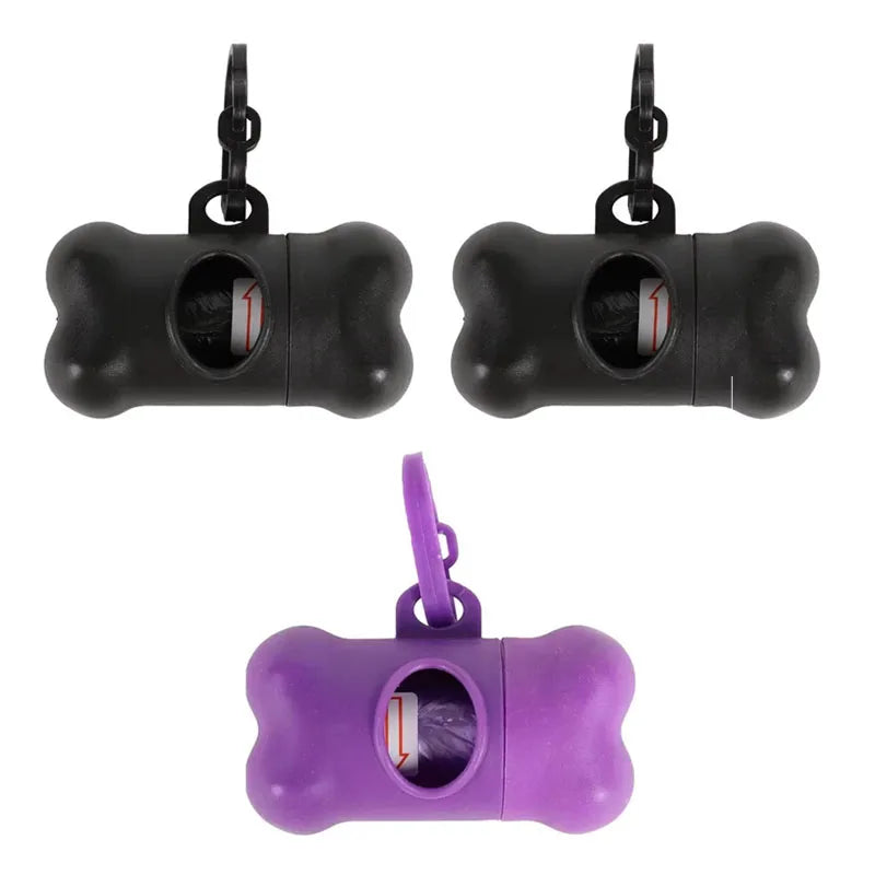 Black bone-shaped poop bag dispenser with a clip and a purple silicone bag.