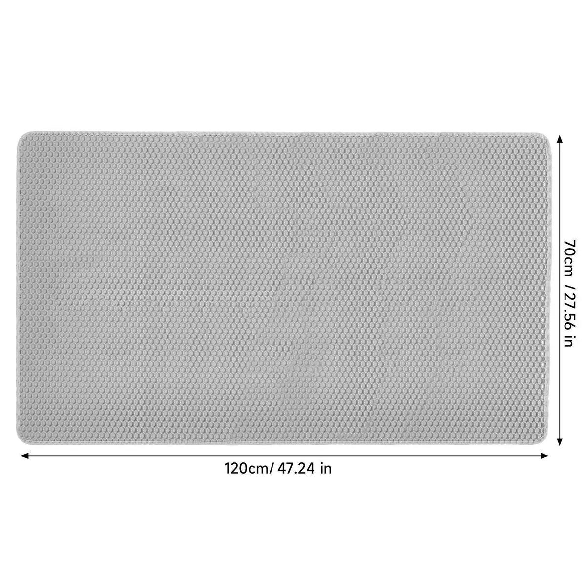 A rectangular gray cat litter mat with a honeycomb texture, measuring 120cm by 70cm.