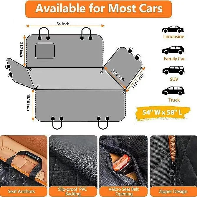 A set of waterproof dog car seat covers and hammocks for various cars, including limousines, family cars, SUVs, and trucks.