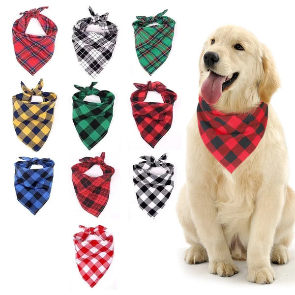 A collection of red, black, green, and plaid bandana scarves for dogs