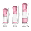 Pink 2-in-1 portable pet water and food dispenser shown in three sizes with measurements.