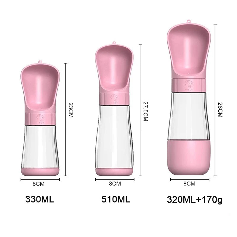 Pink 2-in-1 portable pet water and food dispenser shown in three sizes with measurements.