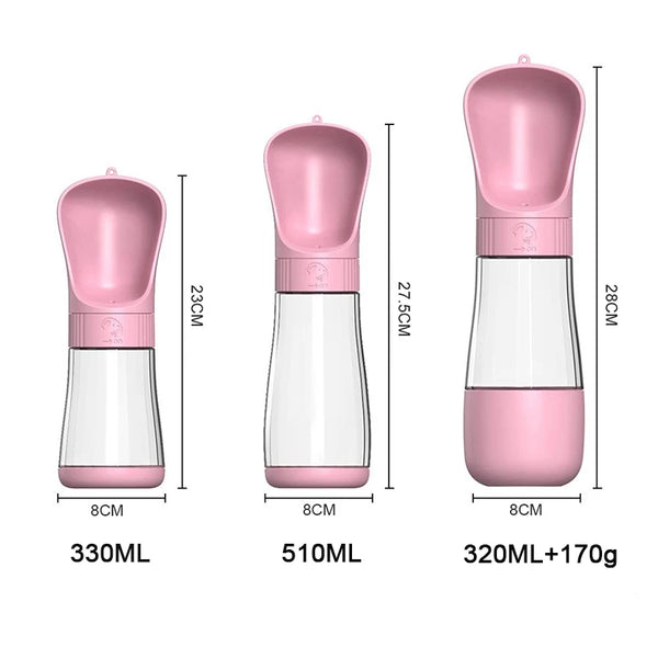 Pink 2-in-1 portable pet water and food dispenser shown in three sizes with measurements.