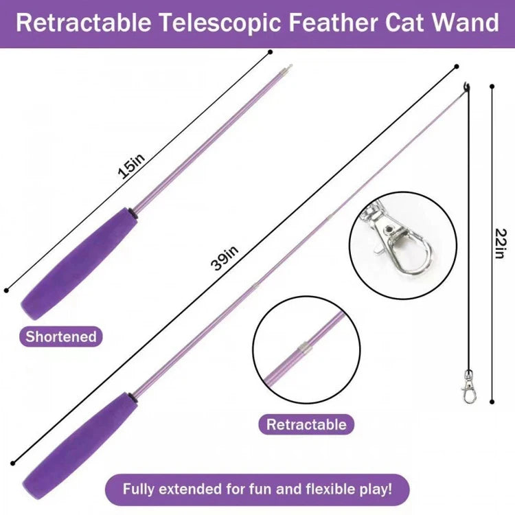 A purple retractable telescoping feather cat wand toy shown in various extended and shortened configurations.
