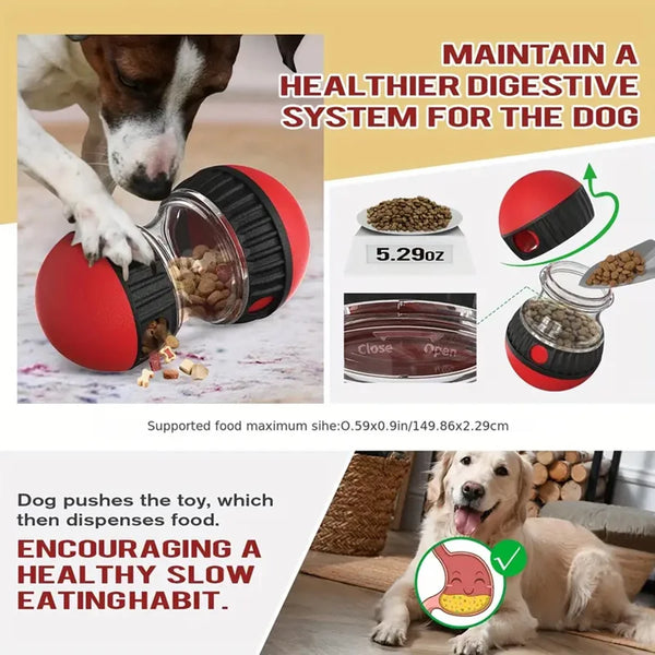 A red automatic pet slow feeder dispenser is shown dispensing dry food into a bowl.