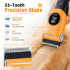 An orange cordless pet grooming clipper with a precision blade is shown being used on a dog's fur.