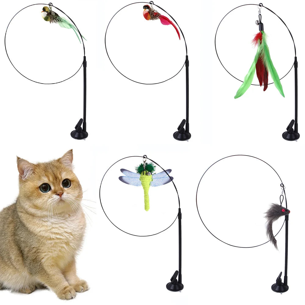 Interactive cat teaser wand featuring a feather bird, bell, and a fluffy tail for play.