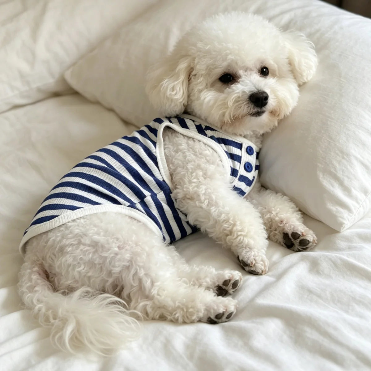 A fluffy white dog lies on a white bed wearing a blue and white striped waffle knit tank top.