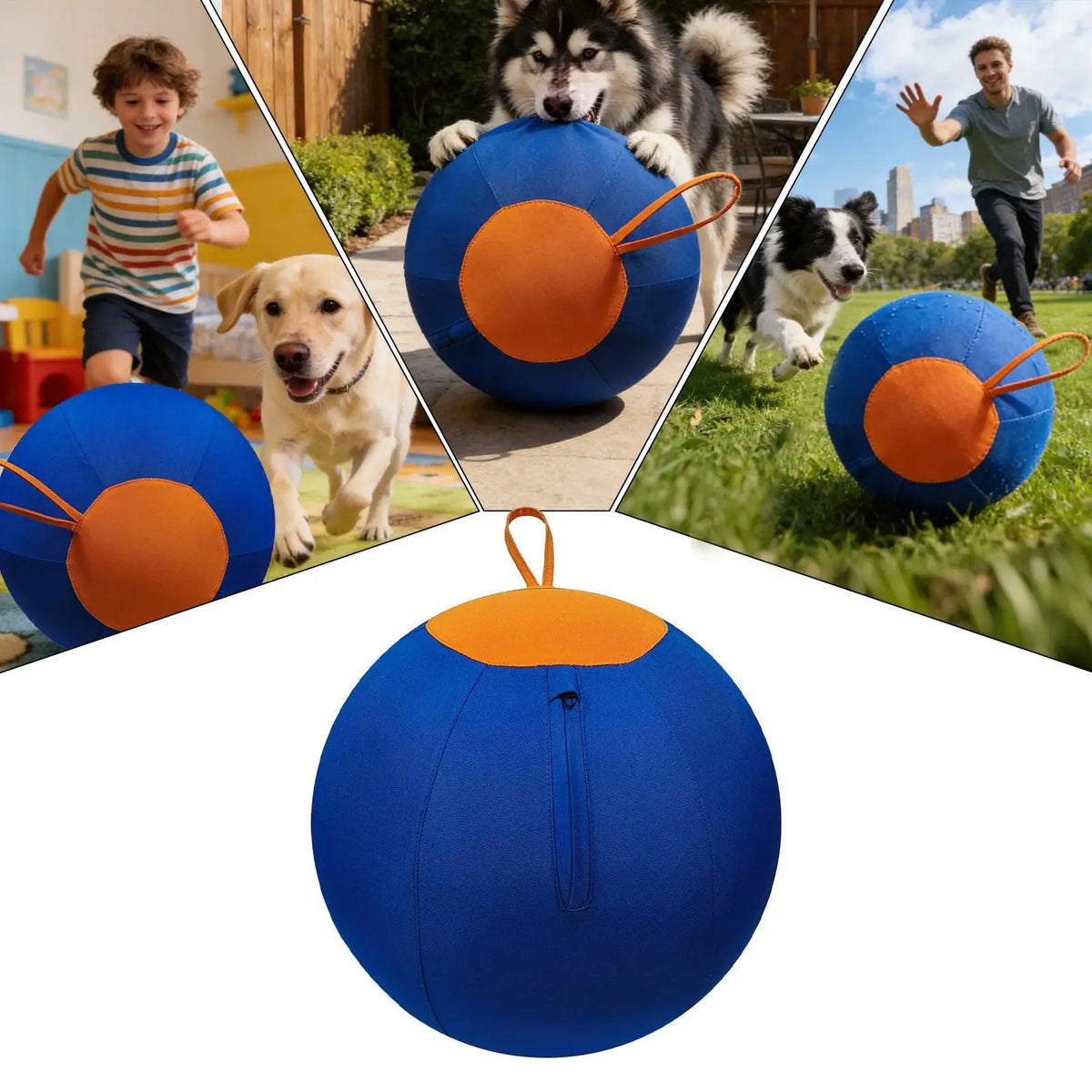 A bright blue interactive herding ball with an orange ring, shown in various contexts with dogs and children.