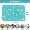 A teal reusable absorbent pee pad featuring white stars, shown alongside images of guinea pigs, hamsters, chinchillas, rats, 