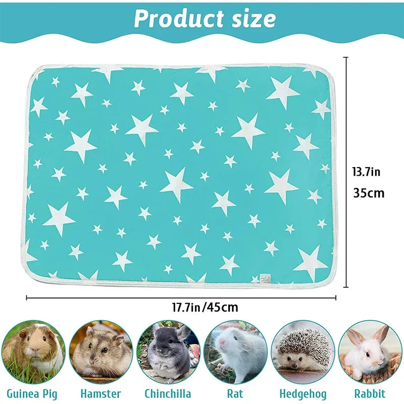 A teal reusable absorbent pee pad featuring white stars, shown alongside images of guinea pigs, hamsters, chinchillas, rats, 